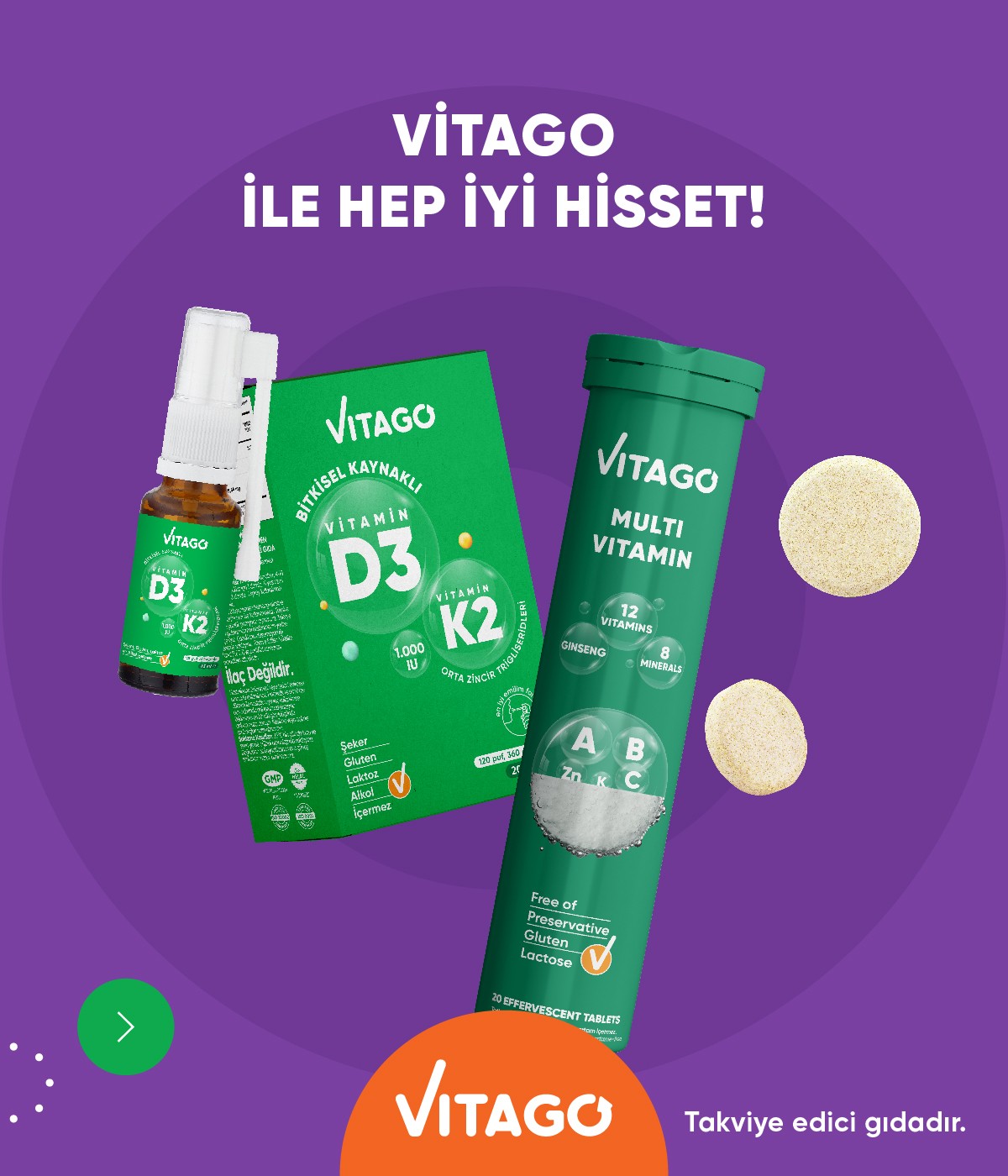 2’li Paket - Vitago ProVitamin D3, Vitamin K2, 20ml Sprey + Vitago Multivitamin, 20'li Efervesan