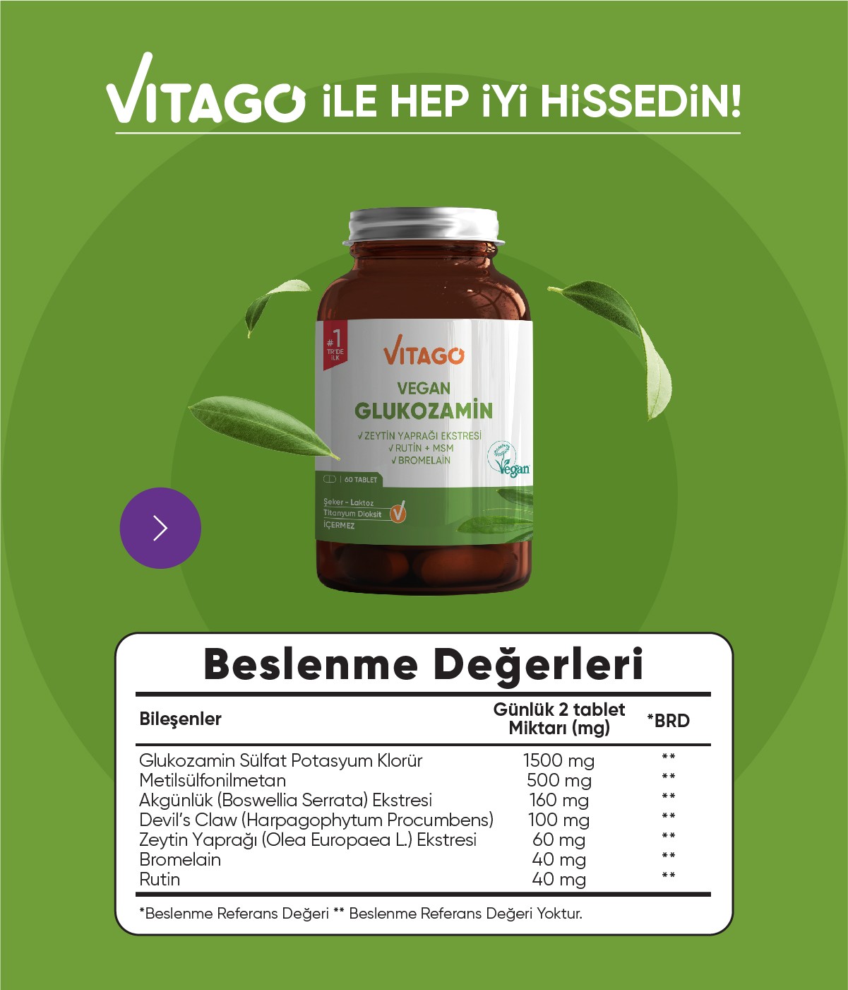 Vitago Premium Vegan Glukozamin, Bromelain, Rutin İçeren 60 Tablet