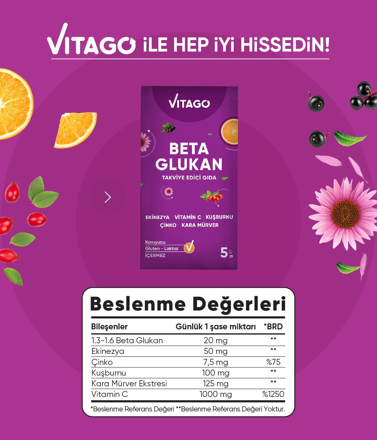 Vitago Beta Glukan, Vitamin C, Karamürver İçeren Effervesan Toz Takviye Edici Gıda