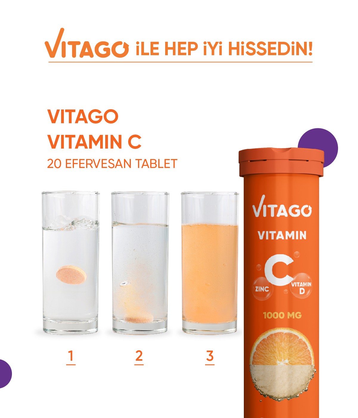 Vitago 20'li Vitamin C, Vitamin D, Çinko İçeren Efervesan Tablet Takviye Edici Gıda