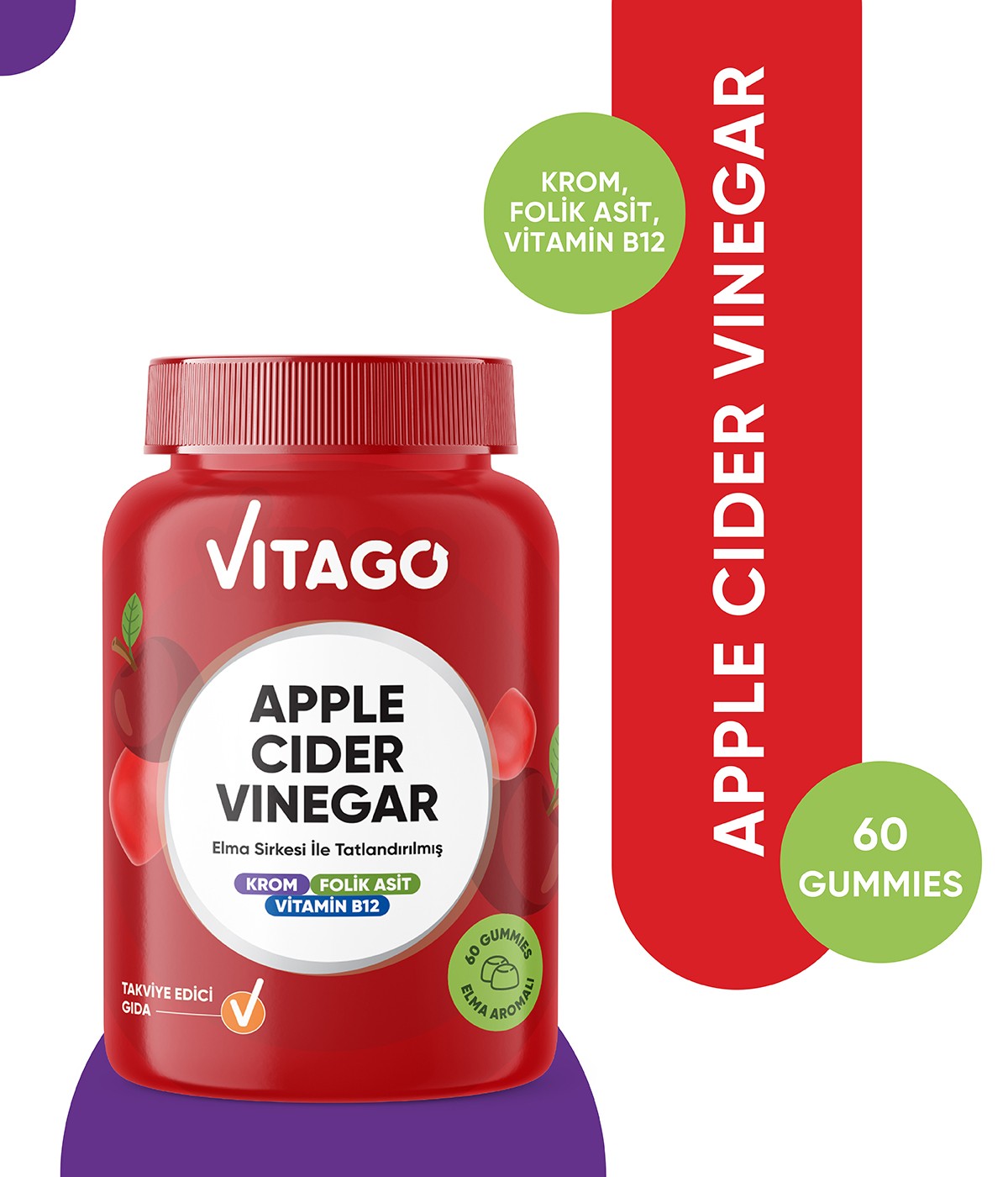 Vitago Apple Cider Vinegar Elma Sirkesi İle Tatlandırılmış Krom, B12 Vitamini ve Folik Asit İçeren 60 Adet Çiğnenebilir (Gummies) Form Takviye Edici Gıda
