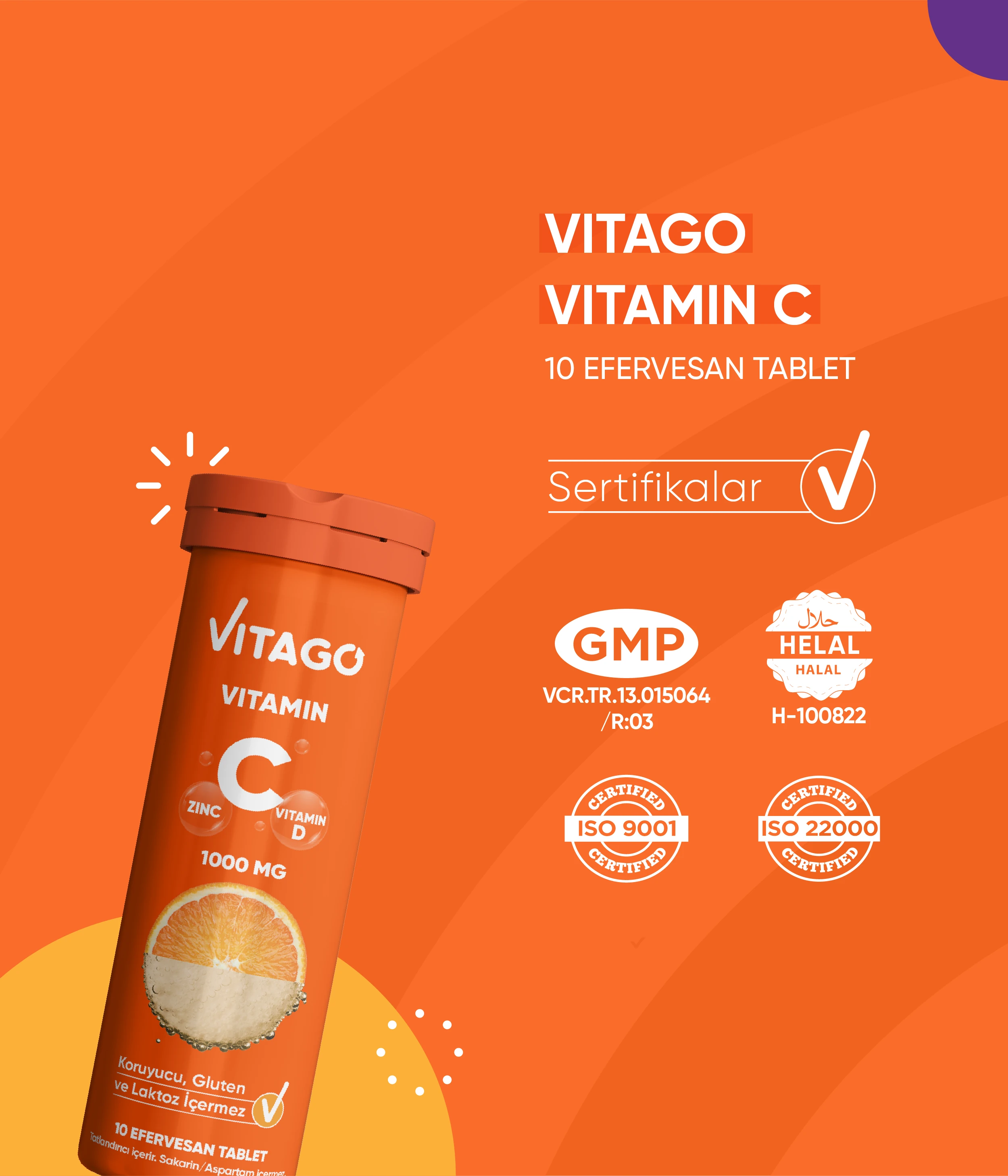 Vitago 10'lu Vitamin C, Vitamin D, Çinko İçeren Efervesan Tablet Takviye Edici Gıda