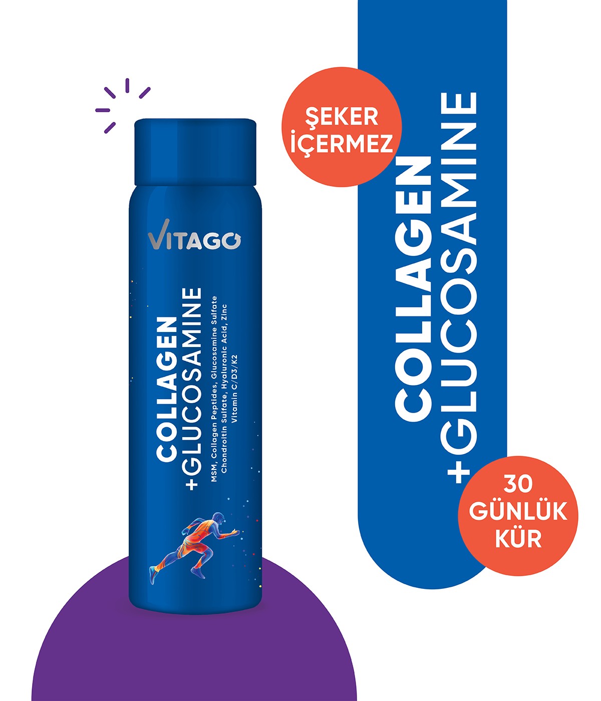 Vitago Kolajen 1-2-3, Glukozamin, MSM, Kondroitin ve Hyaluronik Asit İçeren Sıvı Takviye Edici Gıda 30x40 ml Shots