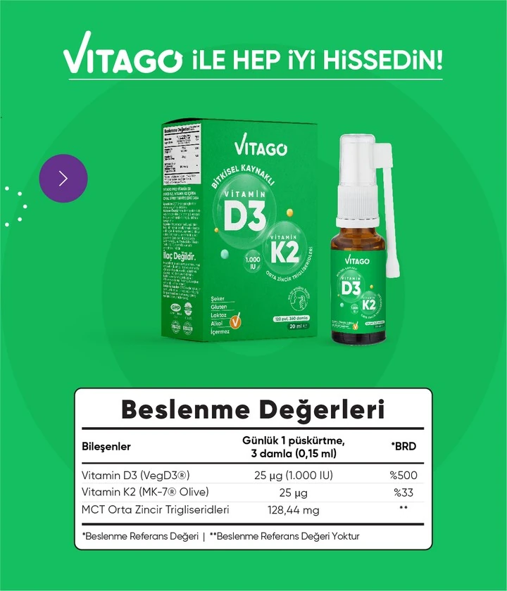 Vitago ProVitamin D3(1000 IU), Vitamin K2 İçeren Oral Sprey Takviye Edici Gıda