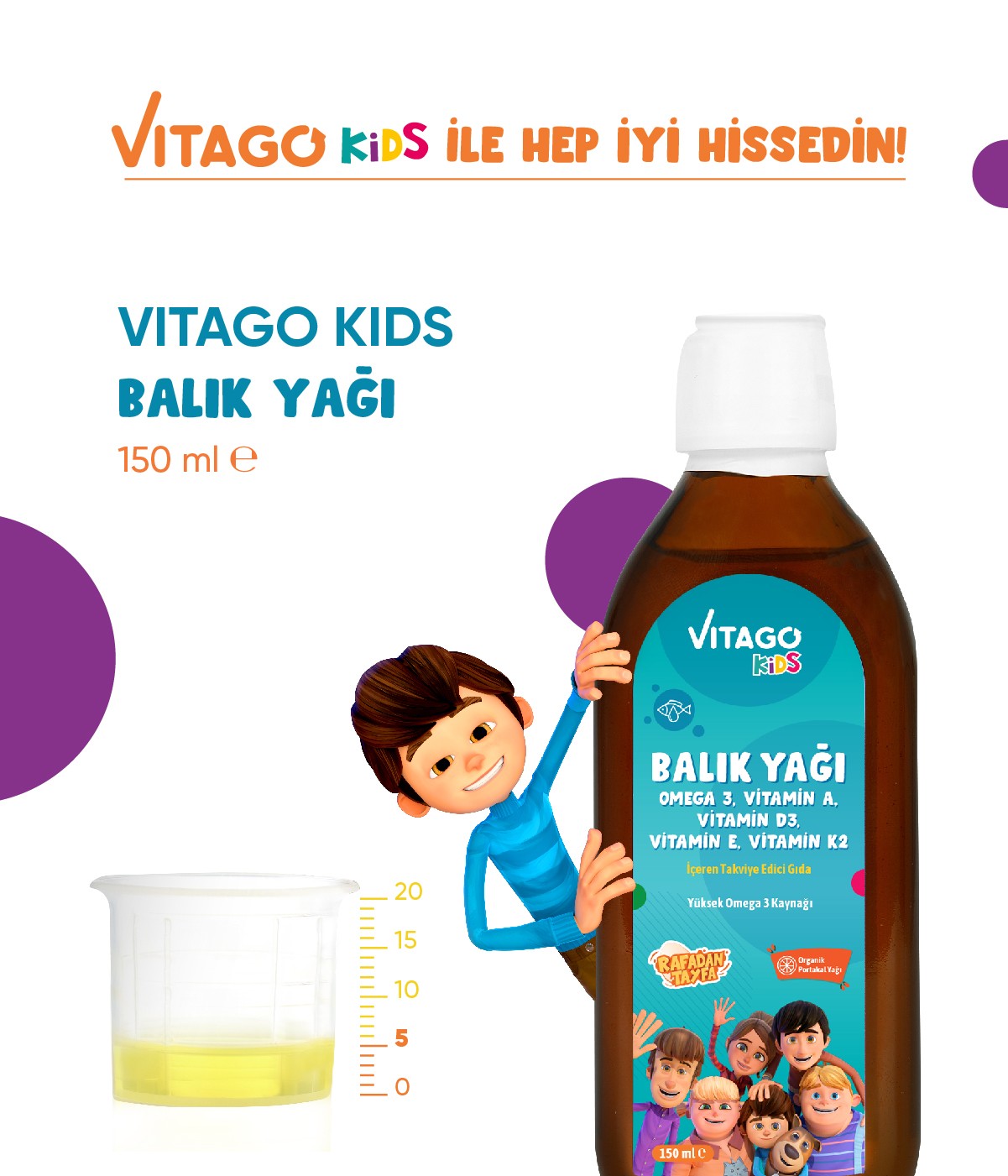 Vitago Kids Rafadan Tayfa Balık Yağı Omega 3 Vitamin A D3 E K2 Içeren 150 ml Şurup