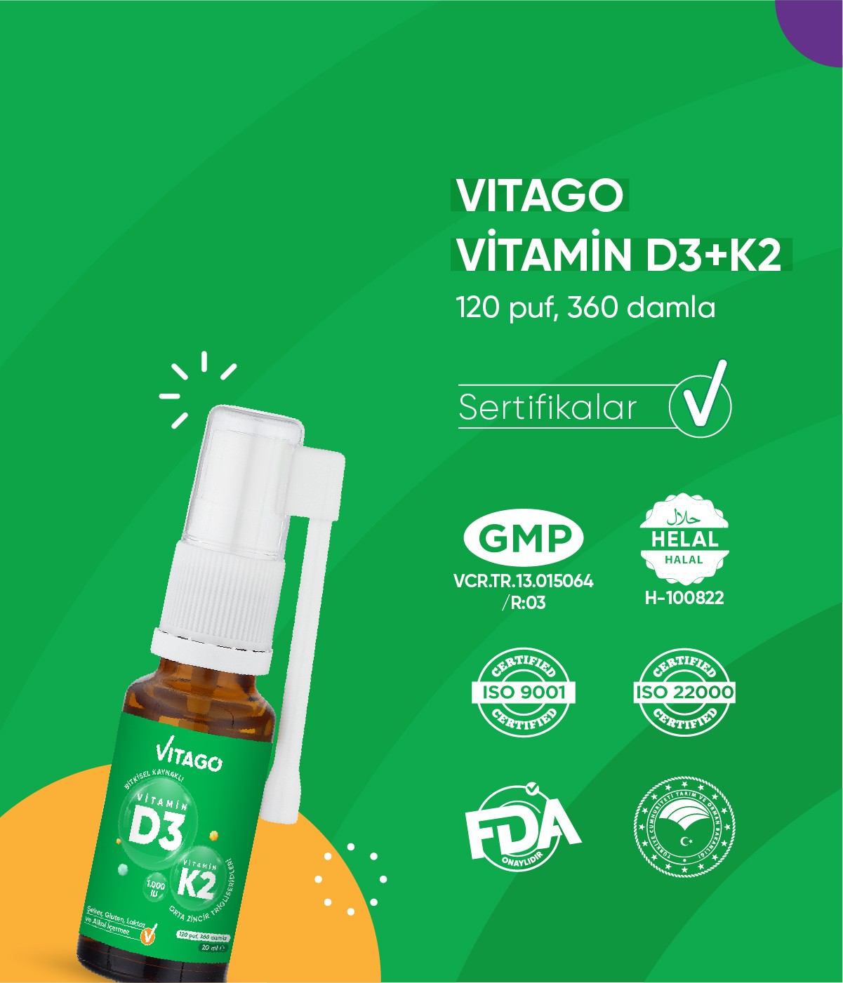Vitago ProVitamin D3(1000 IU), Vitamin K2 İçeren Oral Sprey Takviye Edici Gıda
