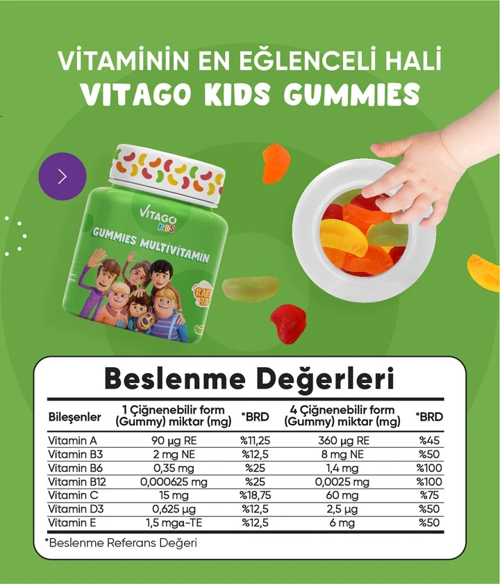 Vitago Kids Gummies Multivitamin Multimineral İçeren Çiğnenebilir Form Takviye Edici Gıda