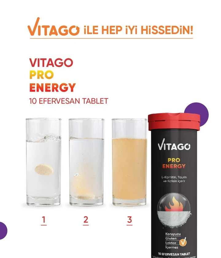 Vitago ProEnergy Effervescent Tablet Dietary Supplement Containing L-Carnitine, Taurine, and Caffeine