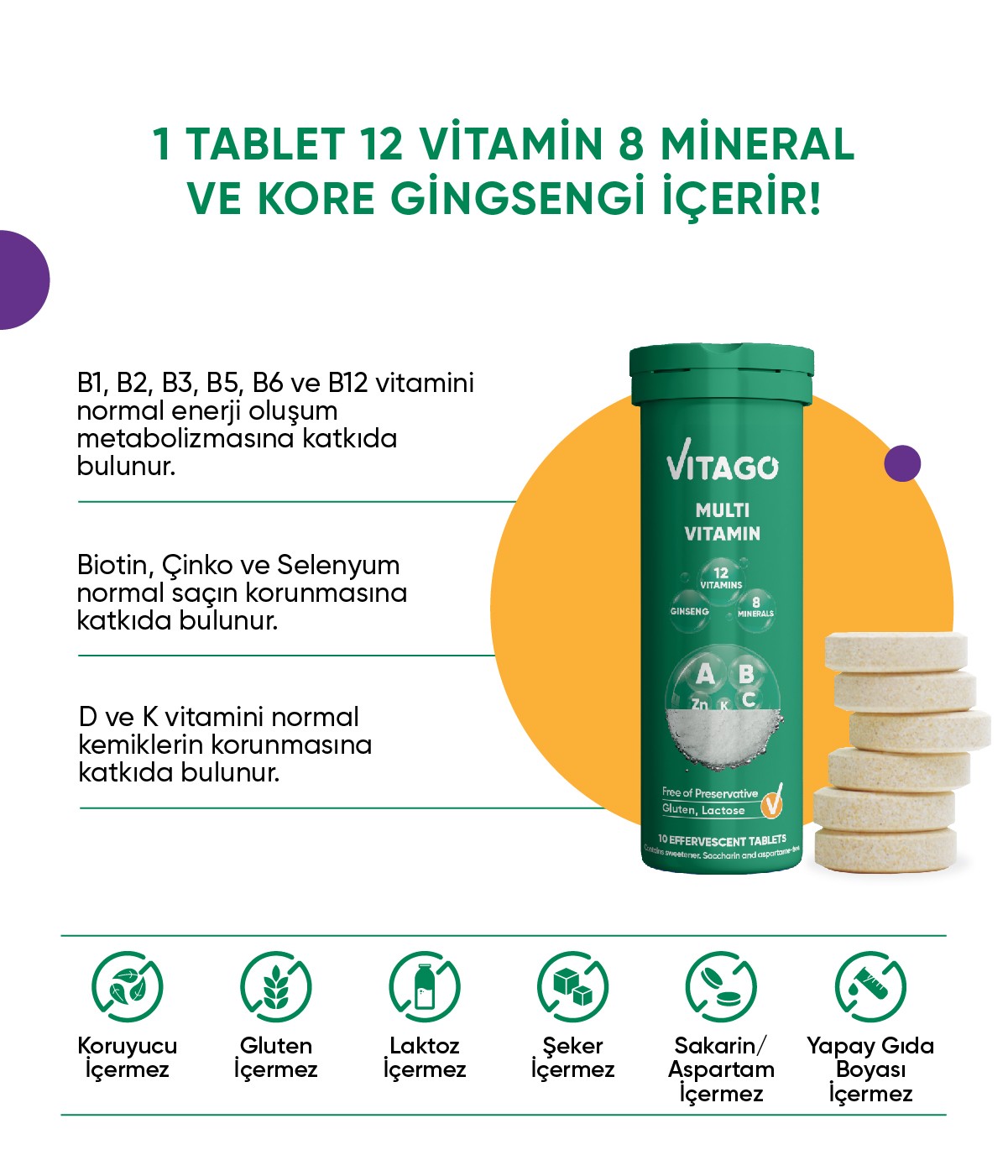 Vitago 10'lu ProMultivit Multivitamin, Multimineral Efervesan Tablet Takviye Edici Gıda