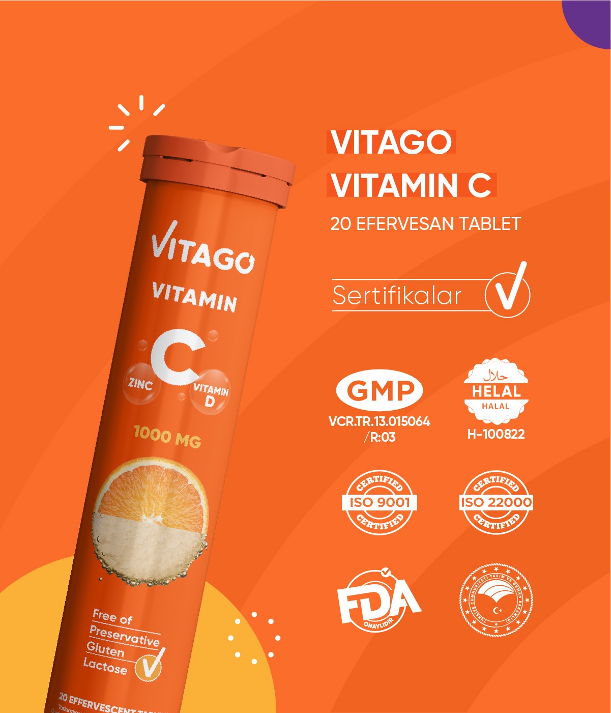 Vitago 20'li Vitamin C, Vitamin D, Çinko İçeren Efervesan Tablet Takviye Edici Gıda