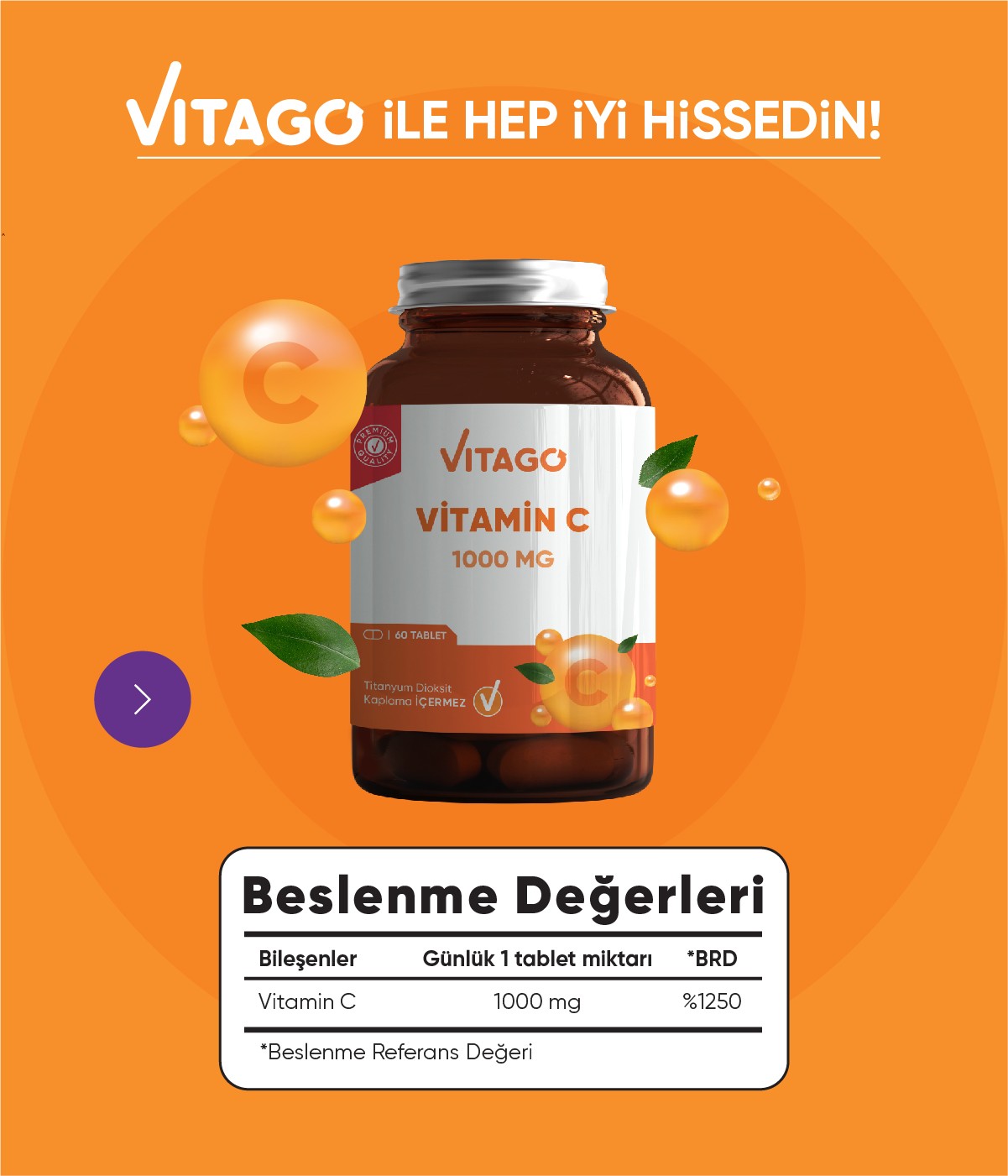 Vitago Premium Vitamin C 1000 MG İçeren Tablet Takviye Edici Gıda 60'lı