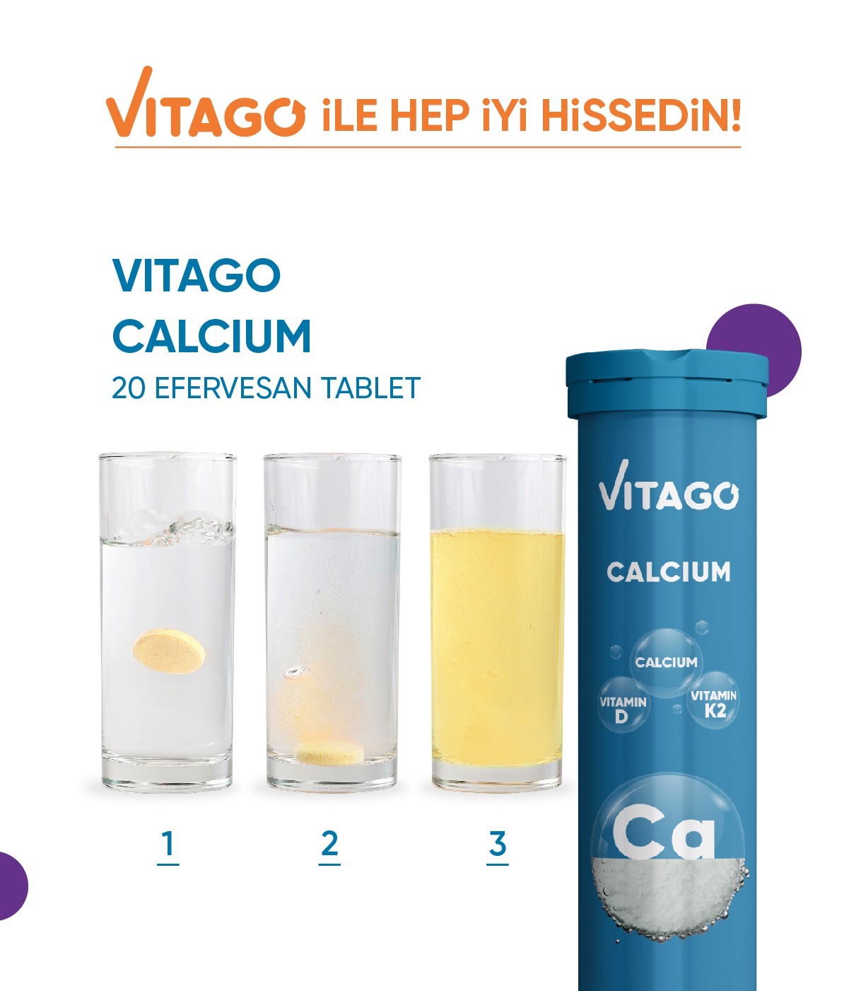 Vitago ProKalsiyum, Vitamin D,Vitamin K2 İçeren Efervesan Tablet Takviye Edici Gıda