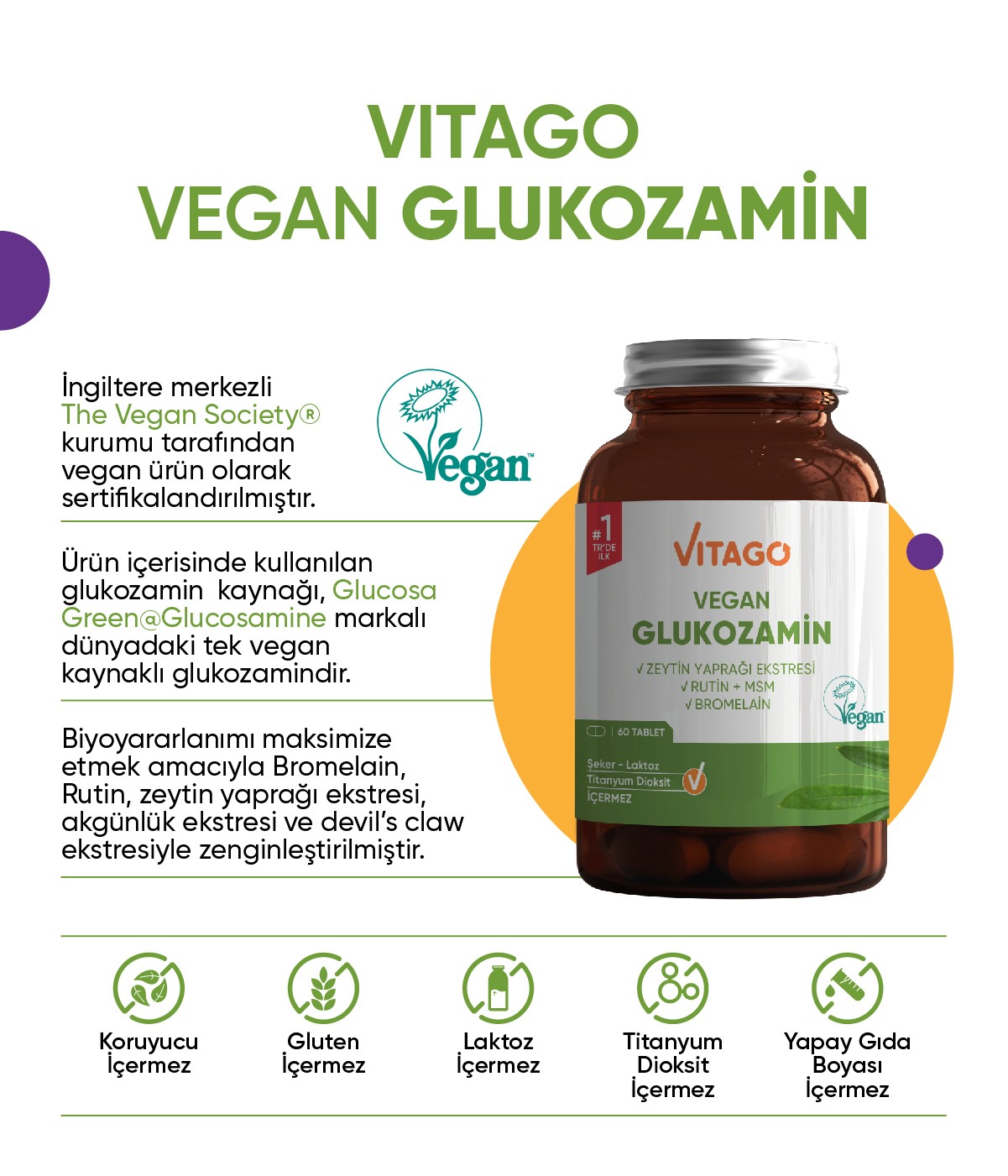 Vitago Premium Vegan Glukozamin, Bromelain, Rutin İçeren 60 Tablet