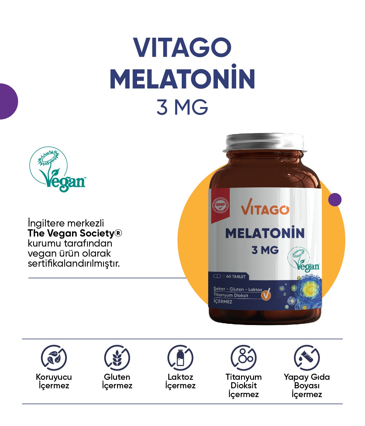 Vitago Premium Melatonin 3 Mg 60 Tablet Takviye Edici Gıda