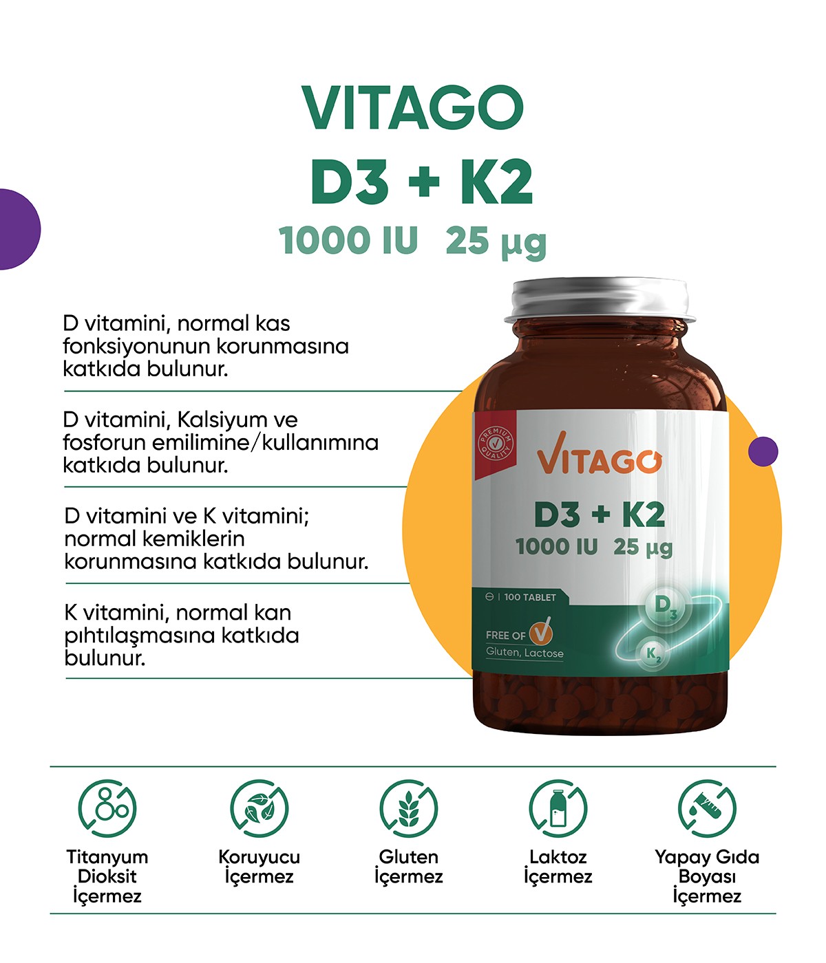 Vitago Vitamin D3 ve Vitamin K2 İçeren Tablet Takviye Edici Gıda 100 Adet
