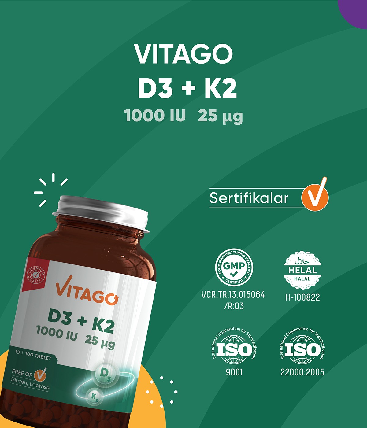 Vitago Vitamin D3 ve Vitamin K2 İçeren Tablet Takviye Edici Gıda 100 Adet