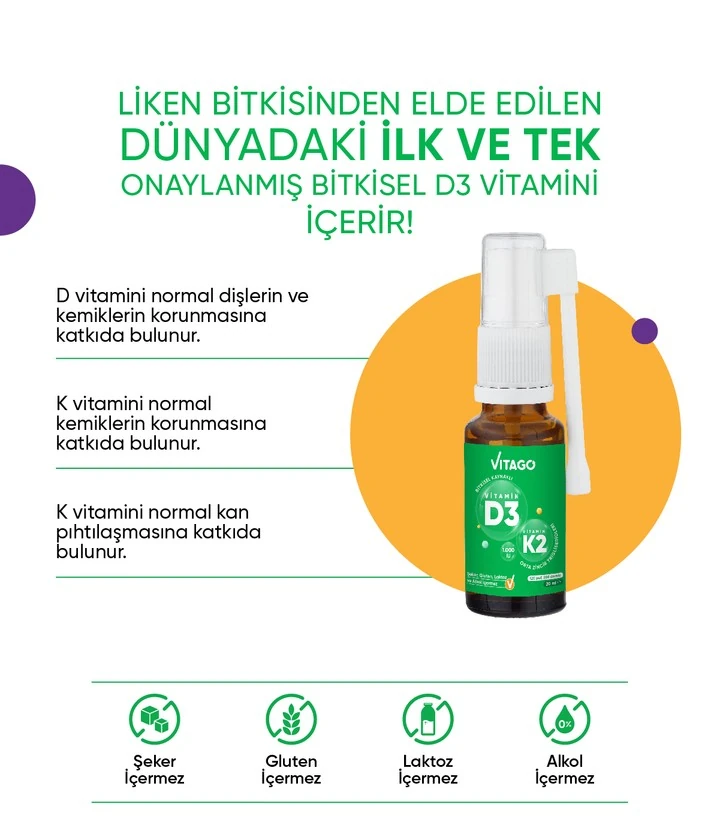 Vitago ProVitamin D3(1000 IU), Vitamin K2 İçeren Oral Sprey Takviye Edici Gıda