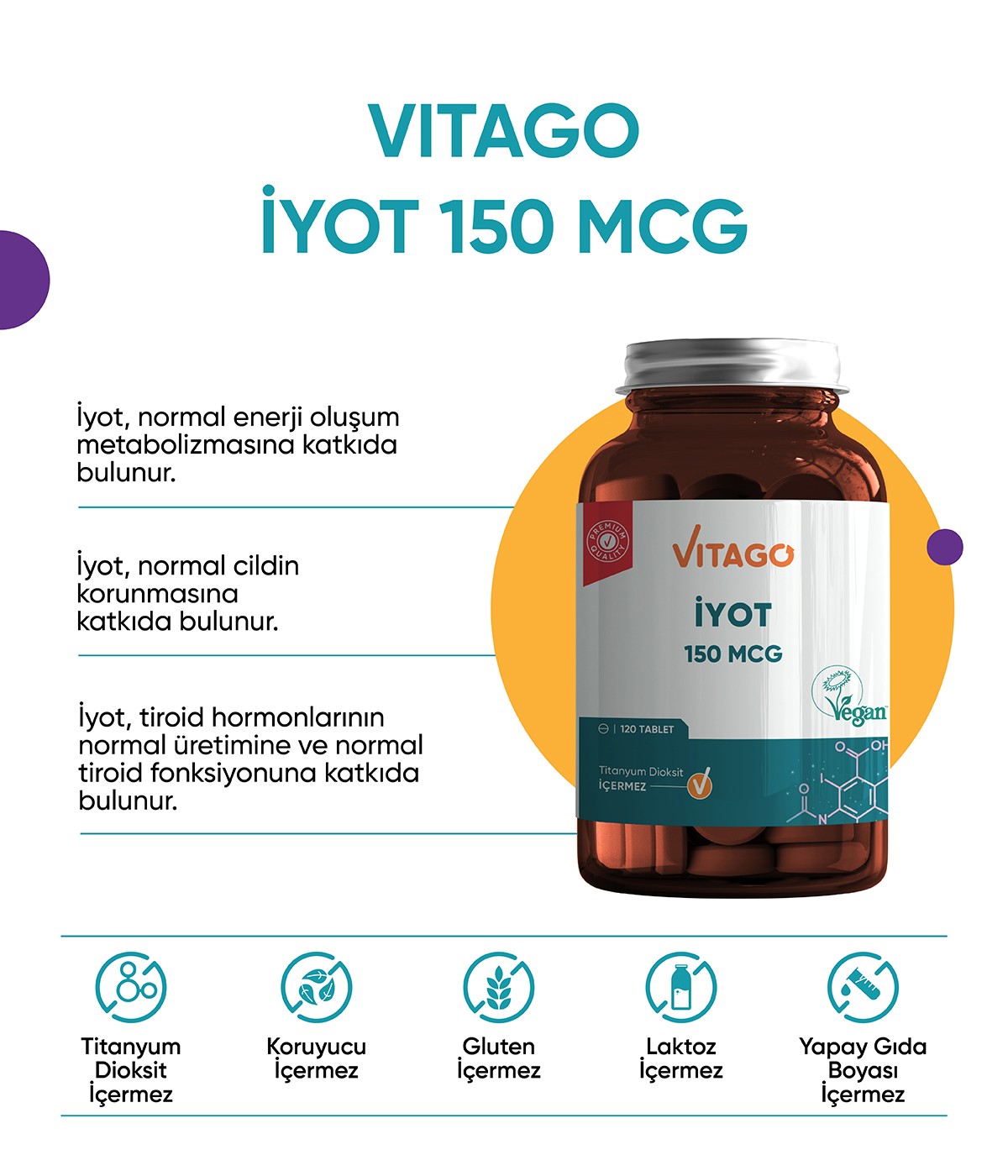 Vitago Premium İyot 150 MCG İçeren Tablet Takviye Edici Gıda 120'li
