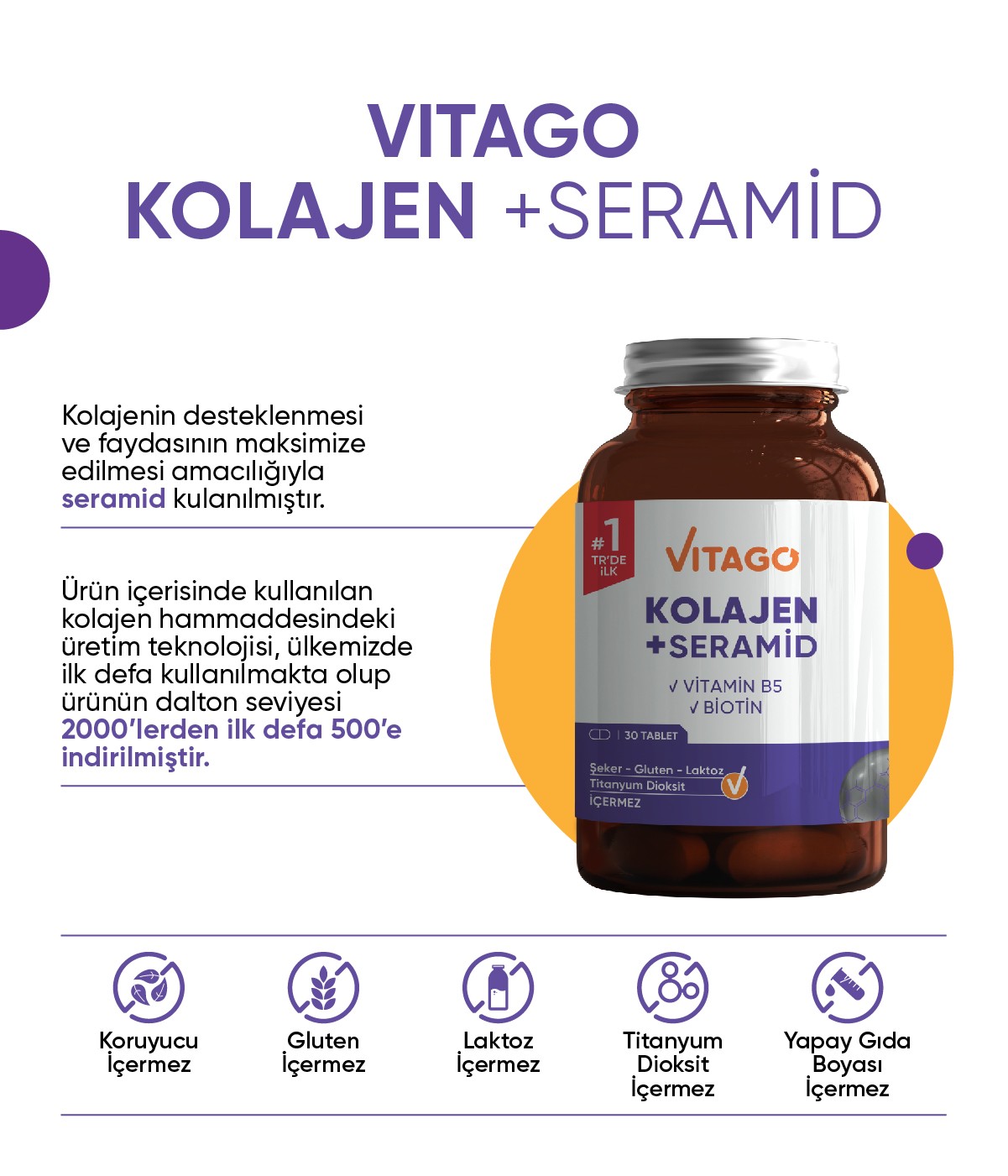 Vitago Premium Hidrolize Kolajen, Seramid, Biotin Içeren 30 Tablet