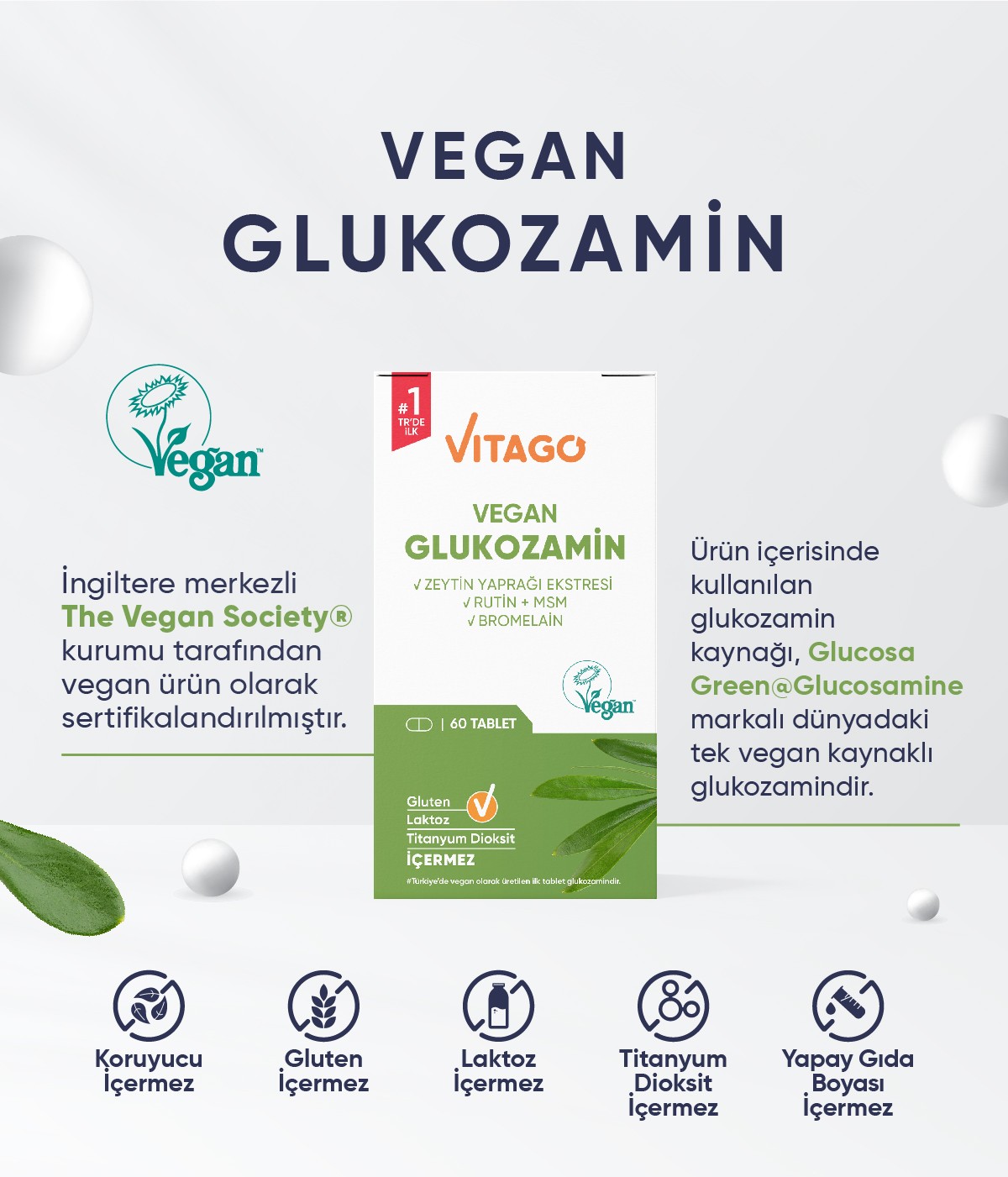 Vitago Premium Vegan Glukozamin, Bromelain, Rutin İçeren 60 Tablet