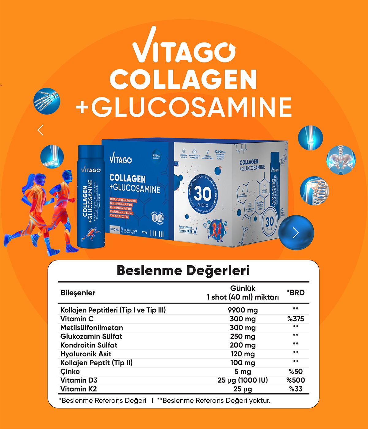 Vitago Kolajen 1-2-3, Glukozamin, MSM, Kondroitin ve Hyaluronik Asit İçeren Sıvı Takviye Edici Gıda 30x40 ml Shots