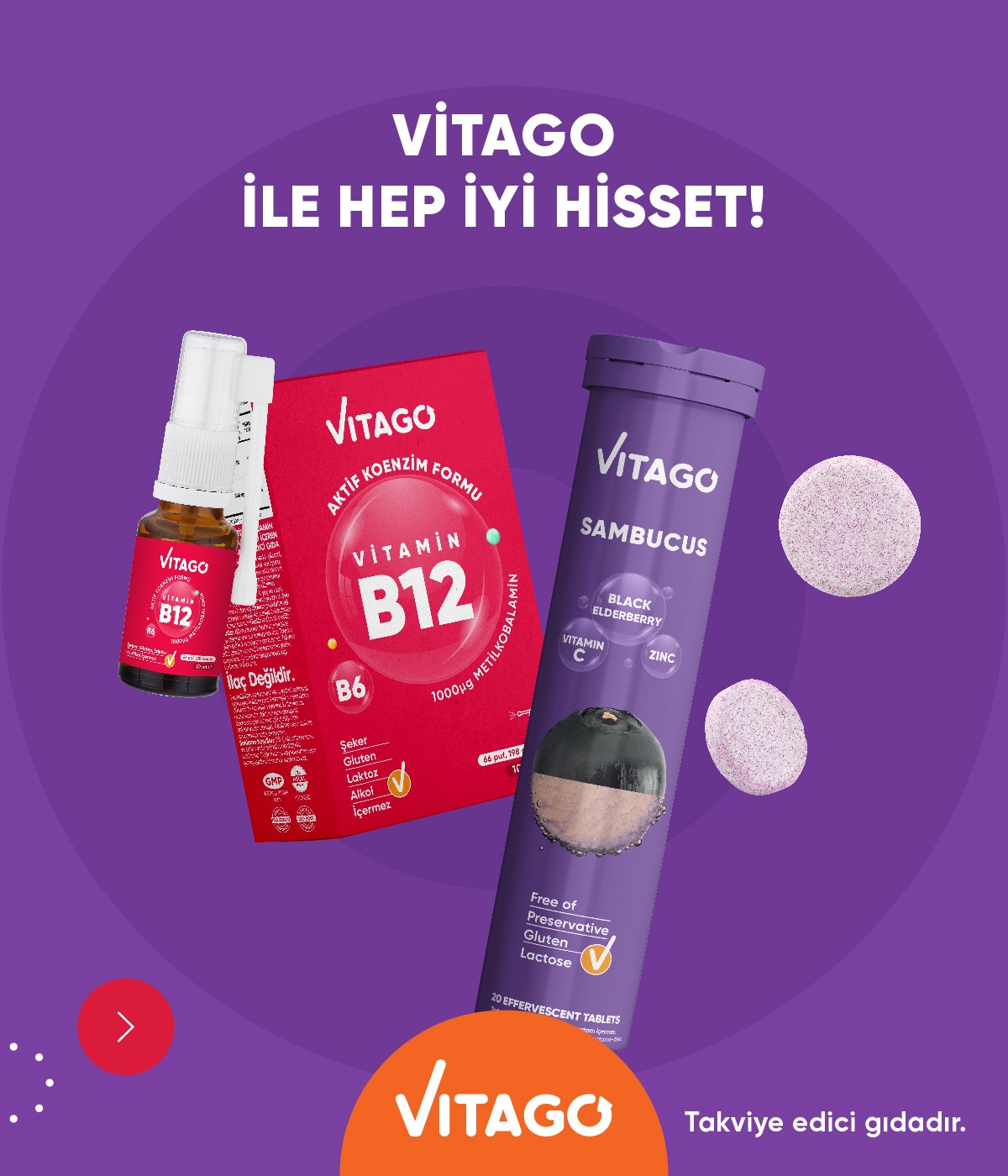 2’li Paket - Vitago B12 10 ml Sprey + Vitago Sambucus 20 Efervesan Tablet