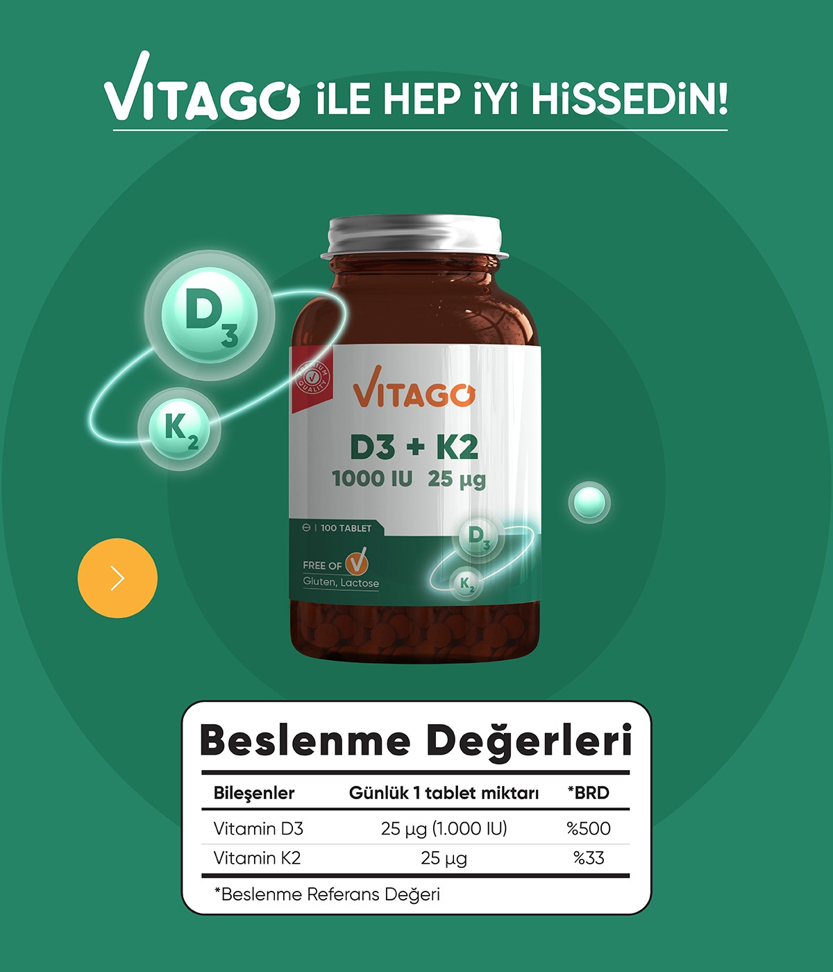 Vitago Vitamin D3 ve Vitamin K2 İçeren Tablet Takviye Edici Gıda 100 Adet