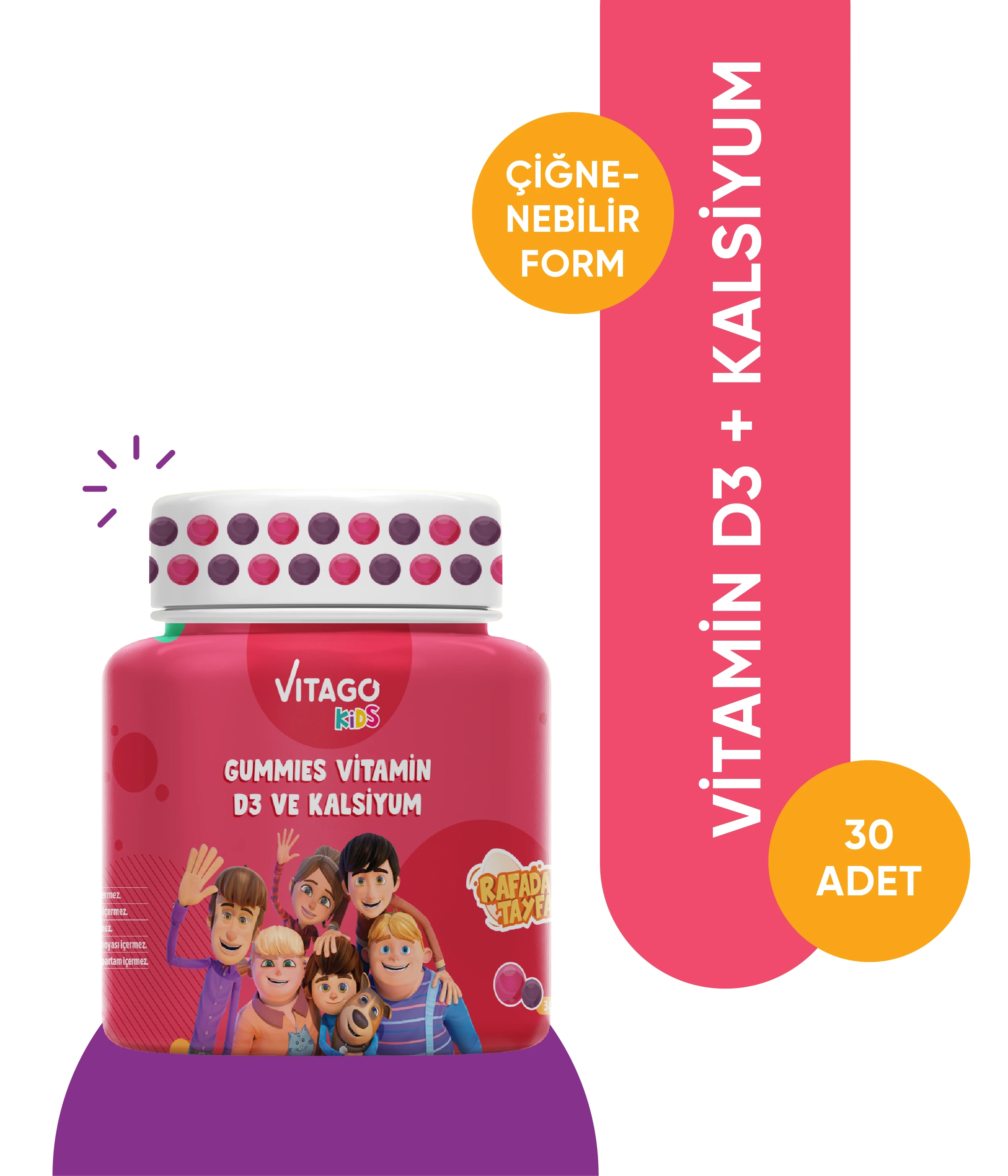 Vitago Kids Gummies Vitamin D3, Kalsiyum İçeren Çiğnenebilir Form Takviye Edici Gıda