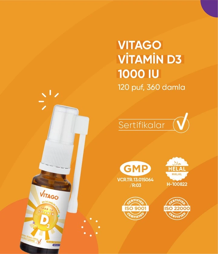 Vitago Daily Vitamin D3 1000IU 20 ml Sprey Takviye Edici Gıda