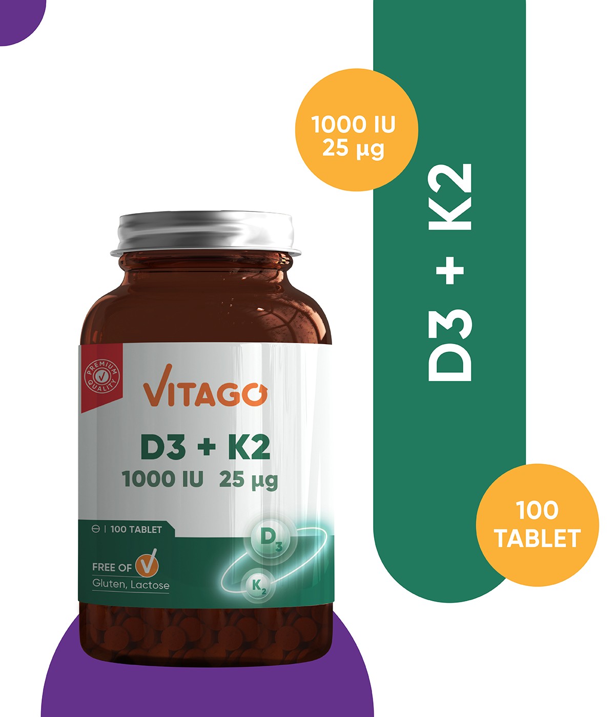 Vitago Vitamin D3 ve Vitamin K2 İçeren Tablet Takviye Edici Gıda 100 Adet