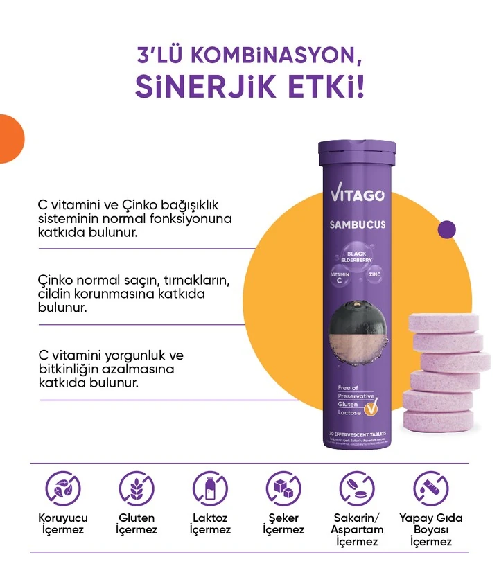 Vitago Karamürver, Vitamin C, Çinko İçeren Efervesan Takviye Edici Gıda
