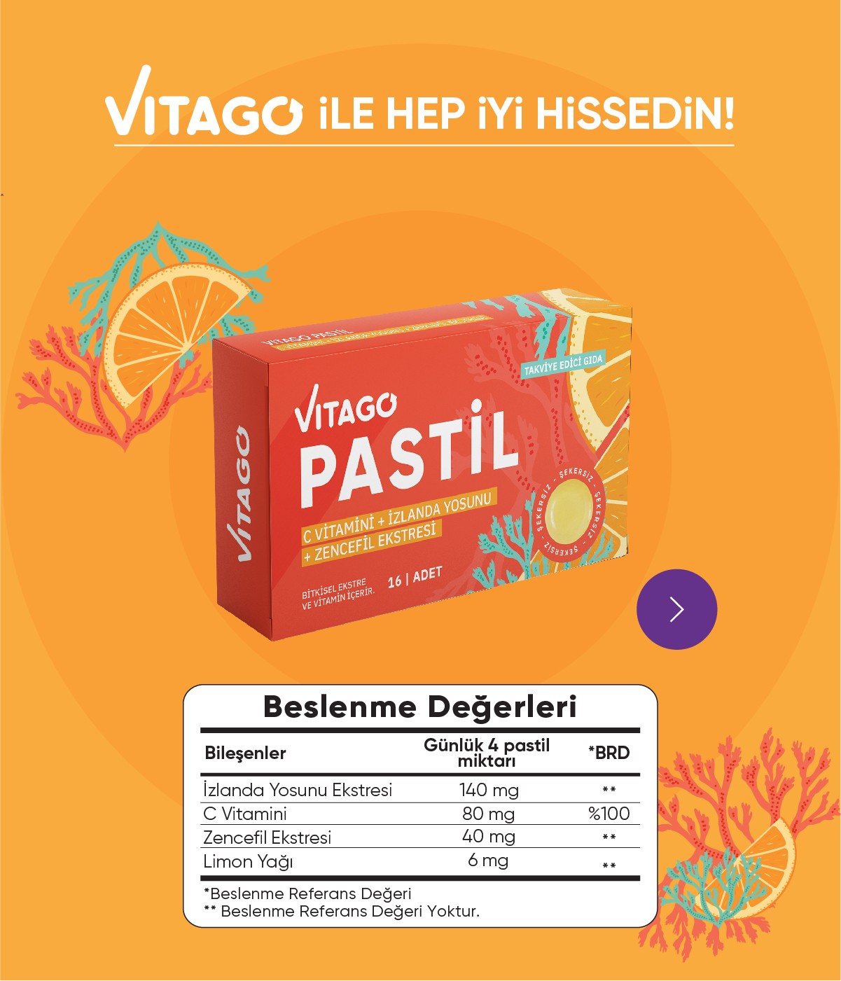 Vitago Pastil Vitamin C, İzlanda Yosunu Ve Zencefil Ekstresi İçeren 16'lı Takviye Edici Gıda