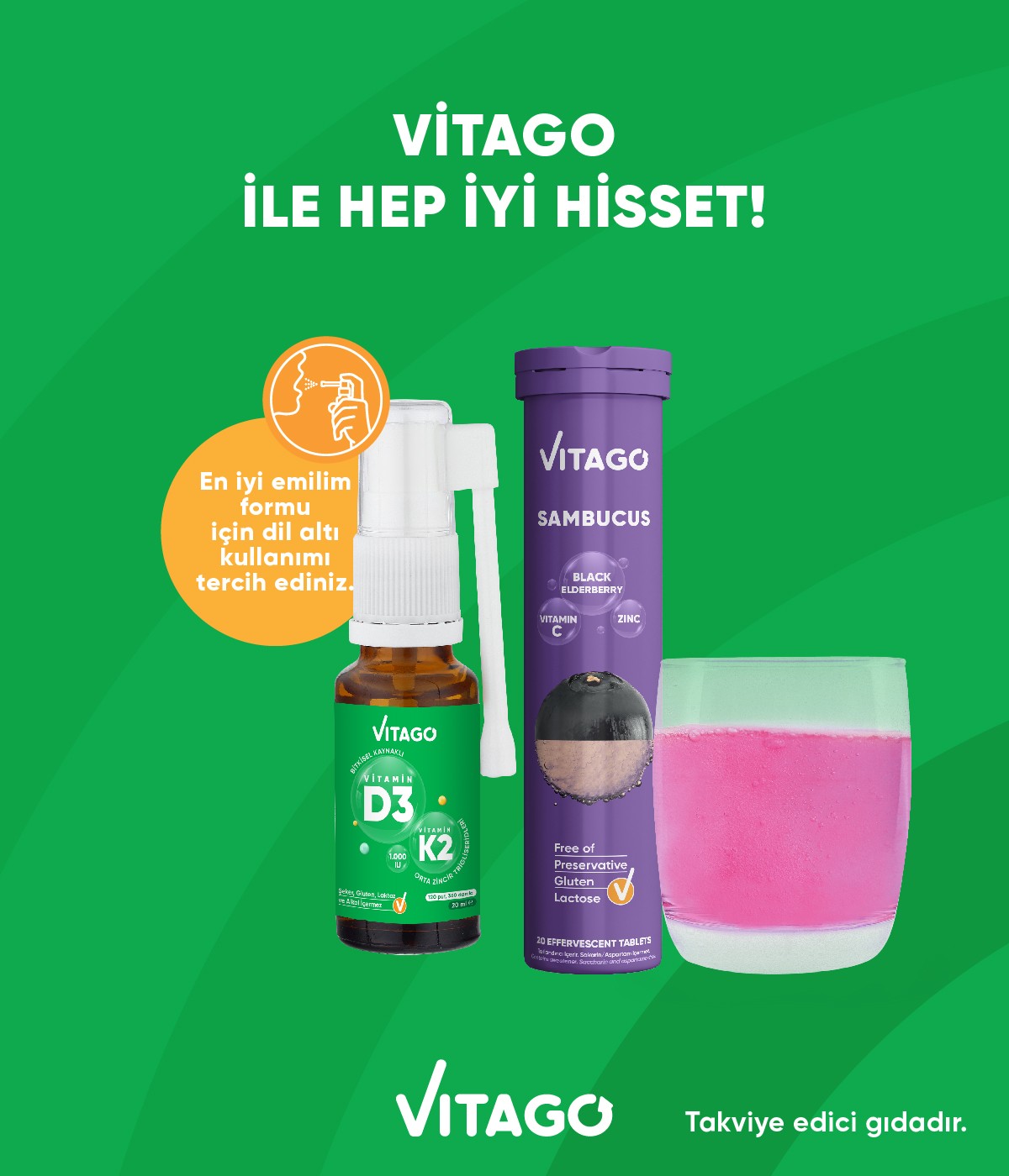 2’li Paket - Vitago ProVitamin D3, Vitamin K2, 20ml Sprey + Vitago Sambucus 20 Efervesan Tablet