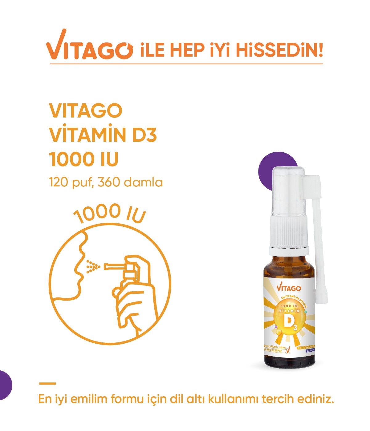 Vitago Daily Vitamin D3 1000IU 20 ml Sprey Takviye Edici Gıda