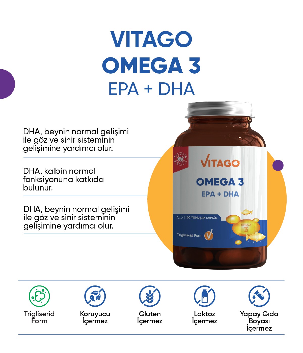 Vitago Premium Omega 3 İçeren Softjel Takviye Edici Gıda 60'lı
