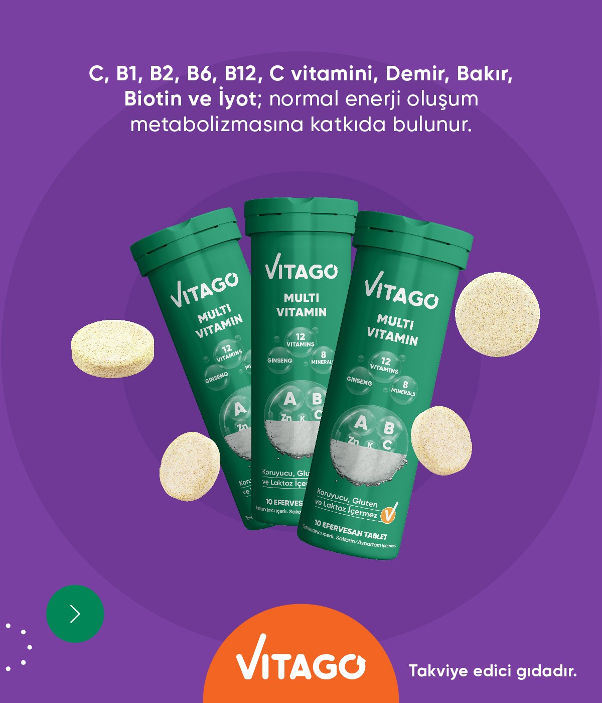 3’lü Paket – Vitago Multivitamin, Multimineral İçeren 10’lu Efervesan Tablet