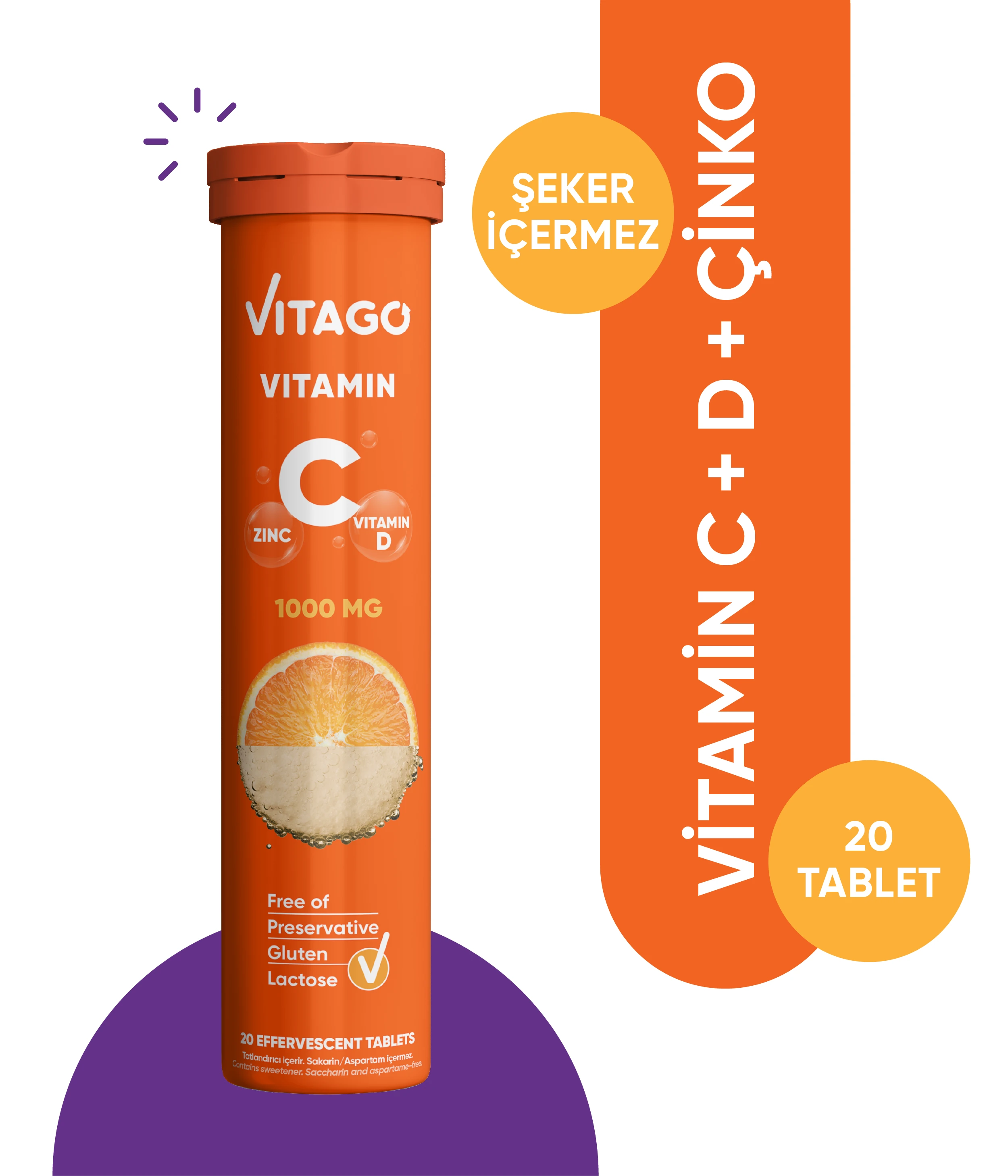 Vitago 20'li Vitamin C, Vitamin D, Çinko İçeren Efervesan Tablet Takviye Edici Gıda