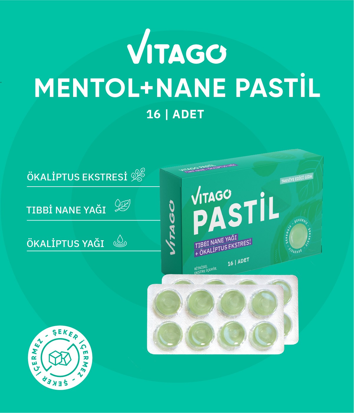 Vitago Pastil Tıbbi Nane Ve Ökaliptus Yağı İçeren 16'lı Takviye Edici Gıda