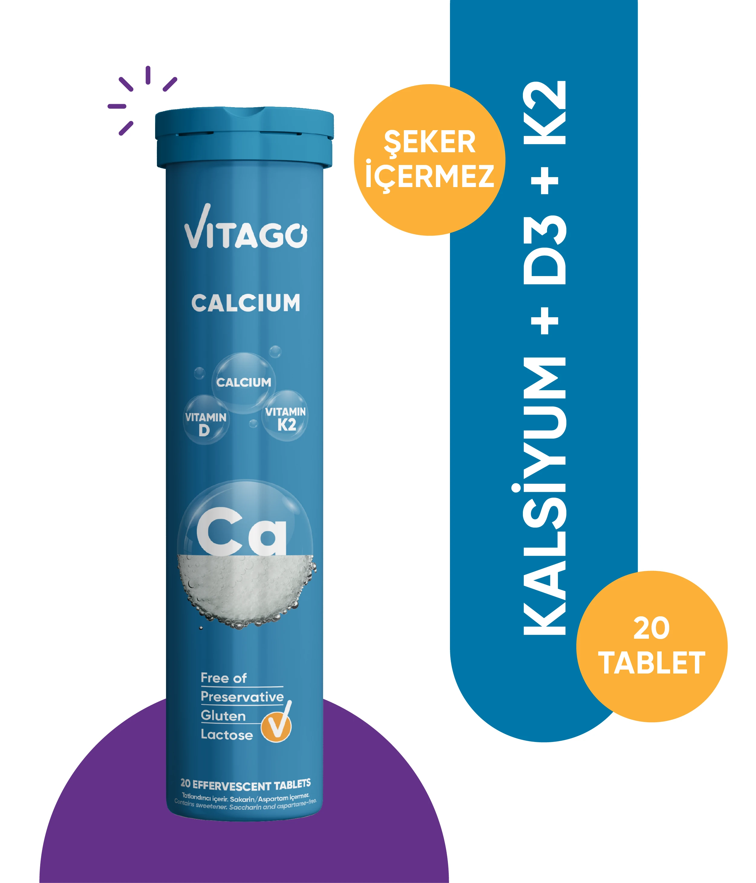 Vitago ProKalsiyum, Vitamin D,Vitamin K2 İçeren Efervesan Tablet Takviye Edici Gıda
