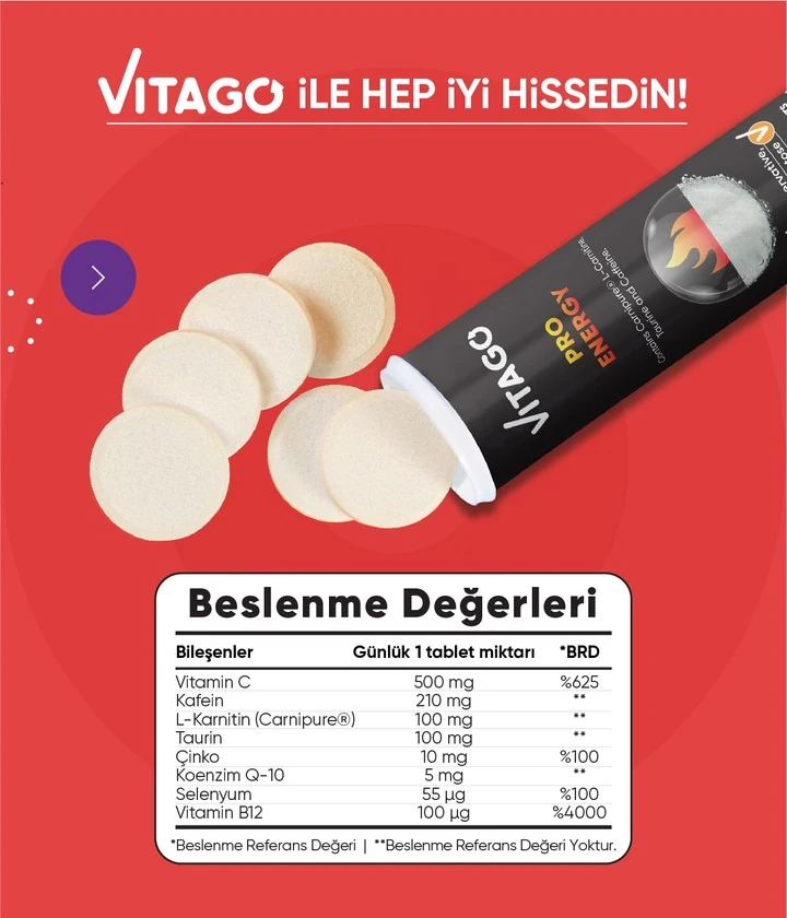 Vitago ProEnergy Effervescent Tablet Dietary Supplement Containing L-Carnitine, Taurine, and Caffeine