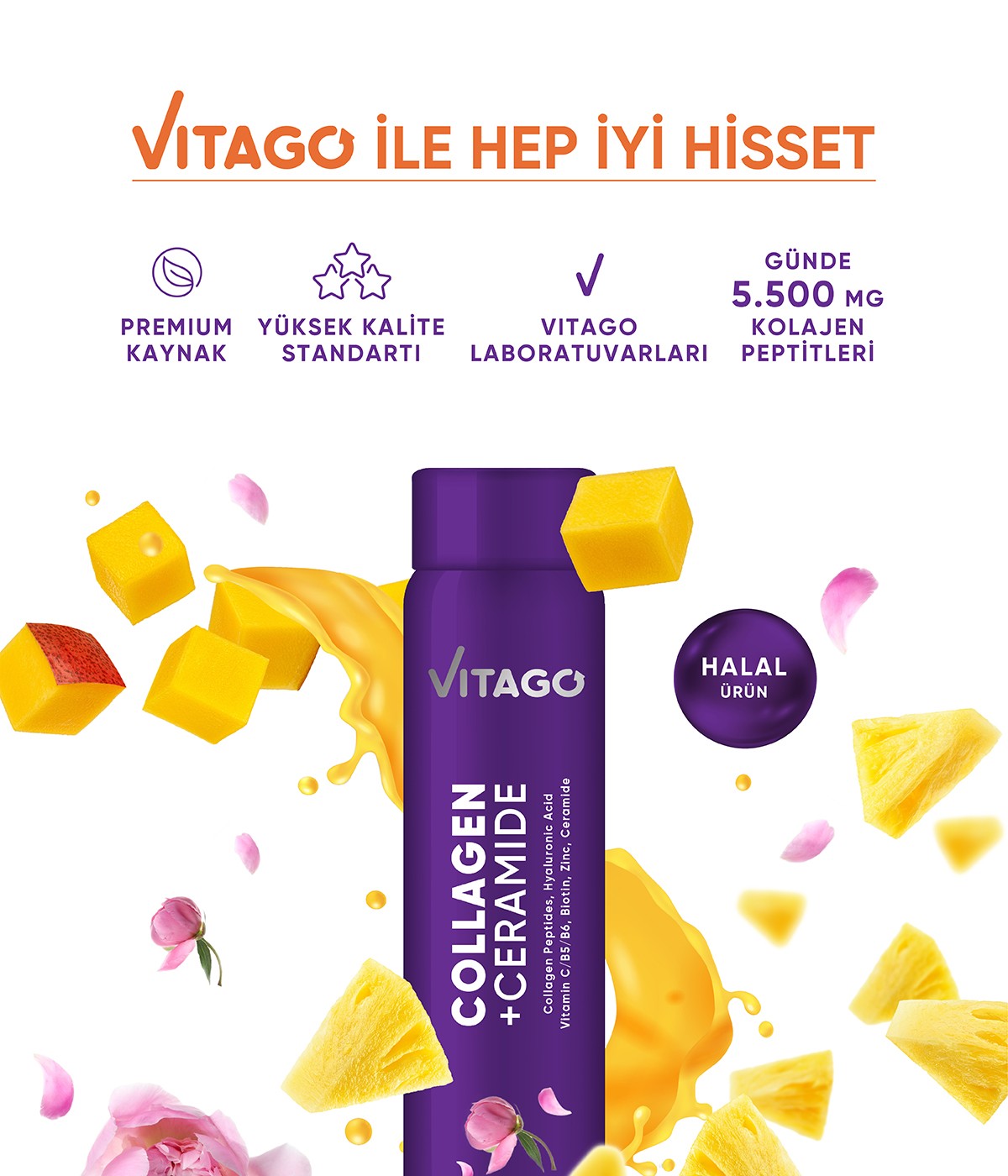 Vitago Kolajen Tip 1-3, Seramid, Vitamin ve Mineral İçeren Sıvı Takviye Edici Gıda 30x25 ml Shots