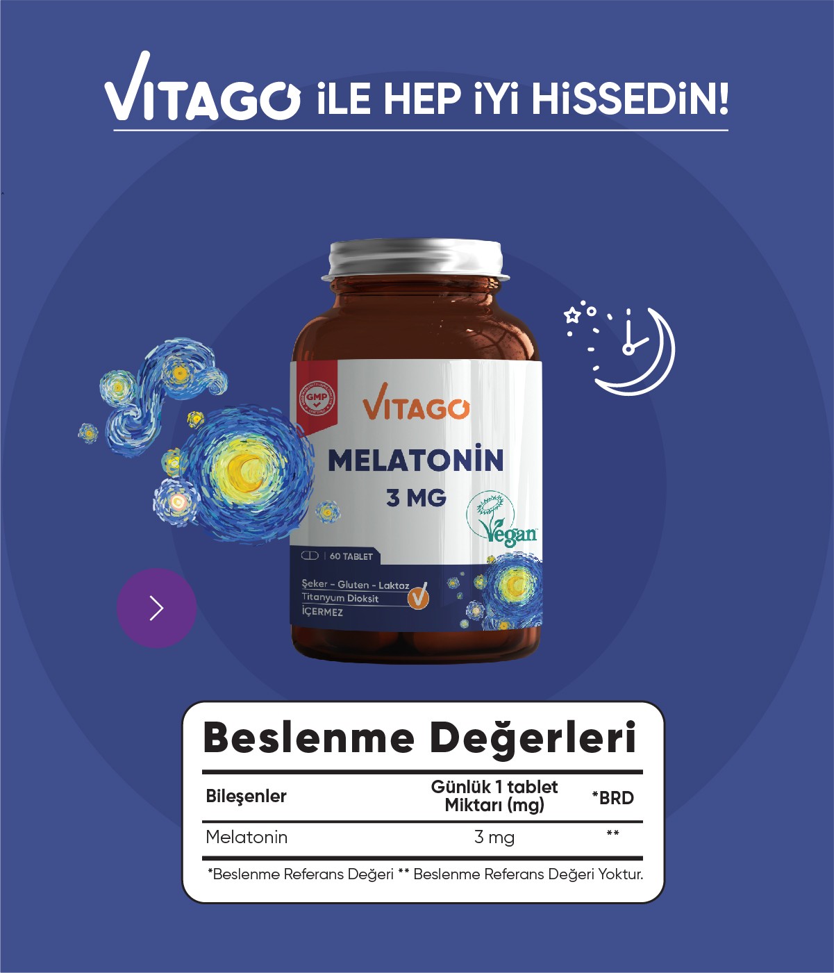 Vitago Premium Melatonin 3 Mg 60 Tablet Takviye Edici Gıda