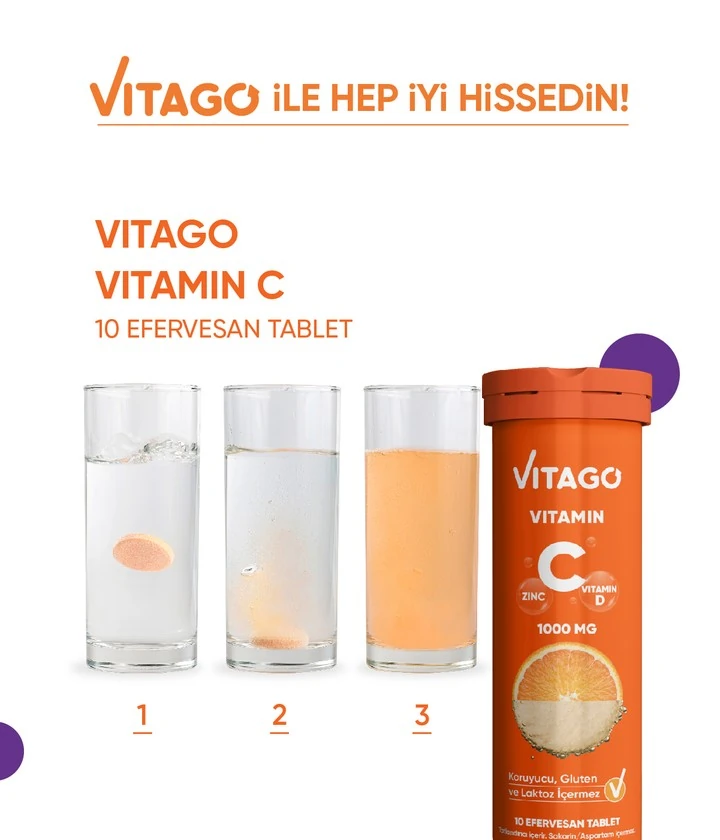 Vitago 10'lu Vitamin C, Vitamin D, Çinko İçeren Efervesan Tablet Takviye Edici Gıda