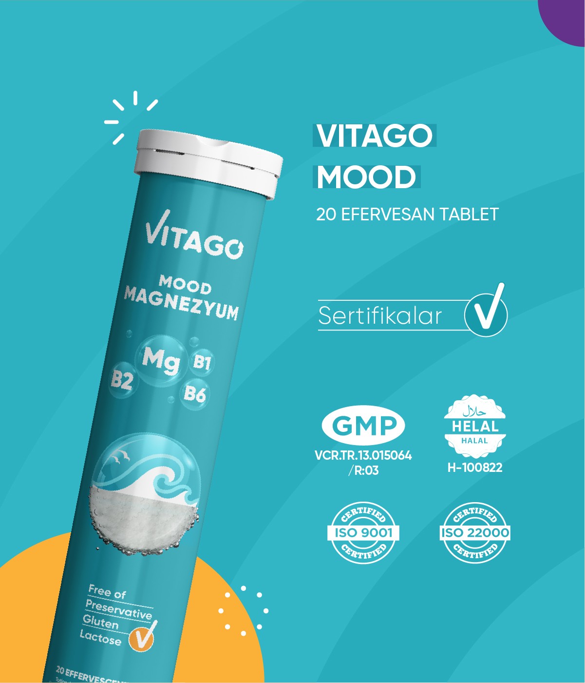 Vitago 20'li Mood Magnezyum , Vitamin B1, Vitamin B2 ve Vitamin B6 İçeren Efervesan Tablet Takviye Edici Gıda