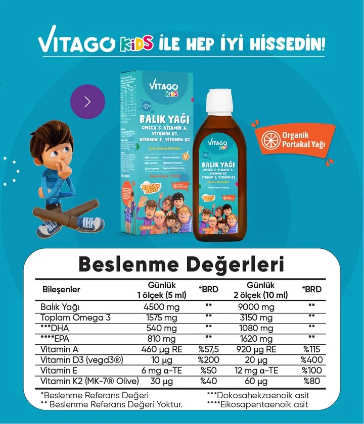 Vitago Kids Rafadan Tayfa Balık Yağı Omega 3 Vitamin A D3 E K2 Içeren 150 ml Şurup