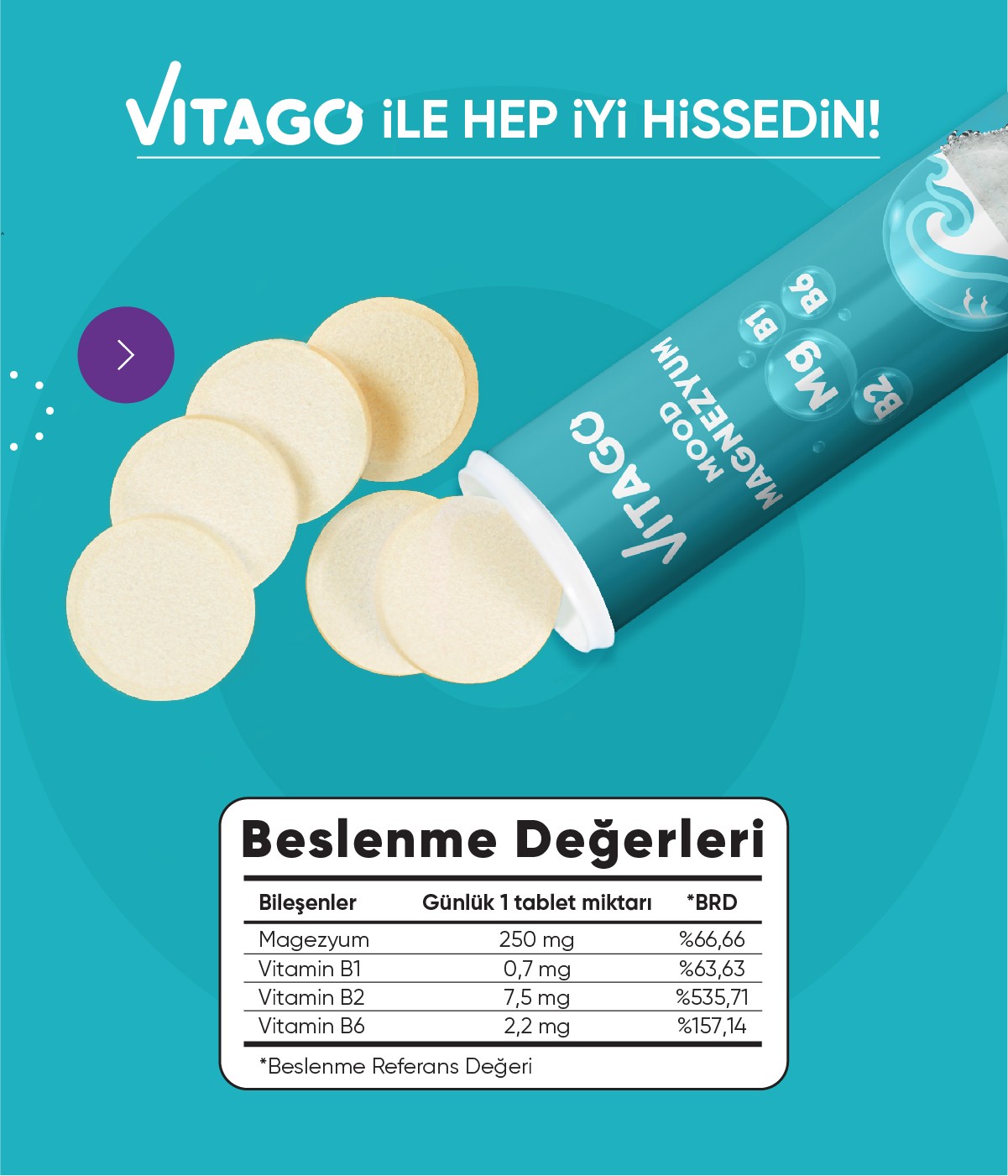 Vitago 20'li Mood Magnezyum , Vitamin B1, Vitamin B2 ve Vitamin B6 İçeren Efervesan Tablet Takviye Edici Gıda