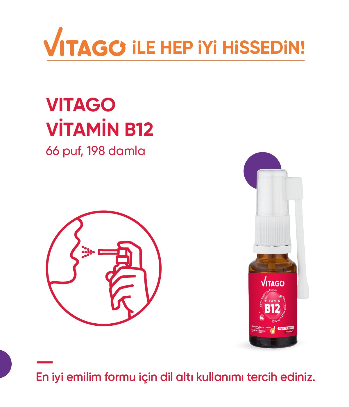 Vitago ProMetilkobalamin Vitamin B6 Vitaminleri İçeren Oral Sprey Takviye Edici Gıda