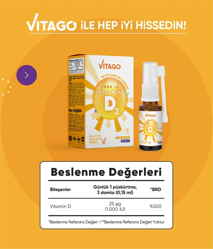 Vitago Daily Vitamin D3 1000IU 20 ml Sprey Takviye Edici Gıda