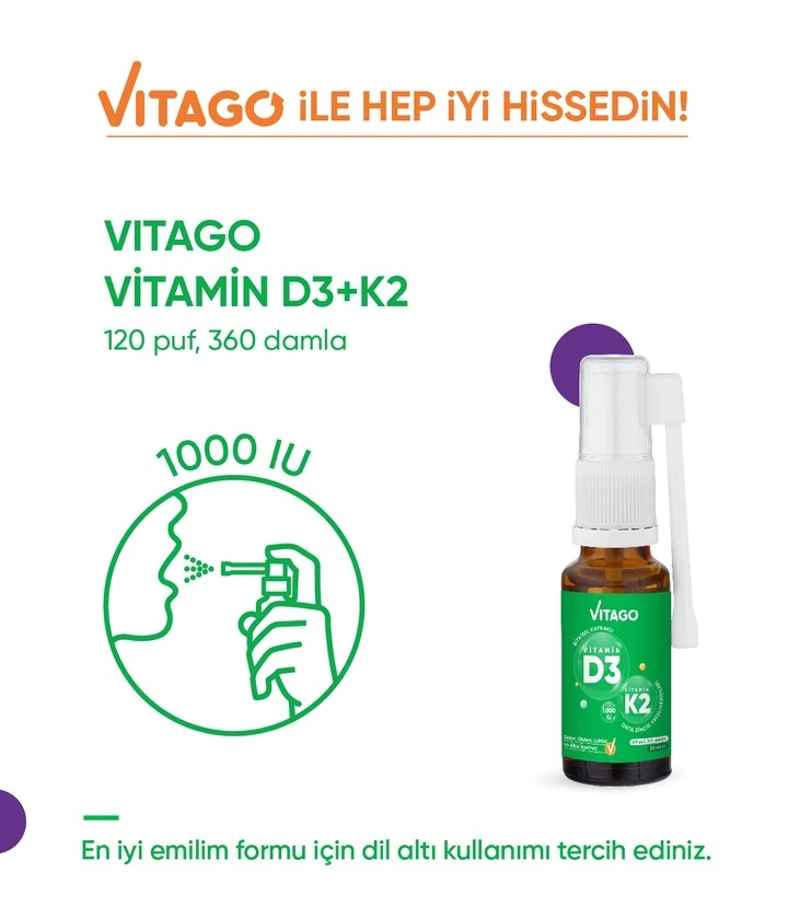 Vitago ProVitamin D3(1000 IU), Vitamin K2 İçeren Oral Sprey Takviye Edici Gıda