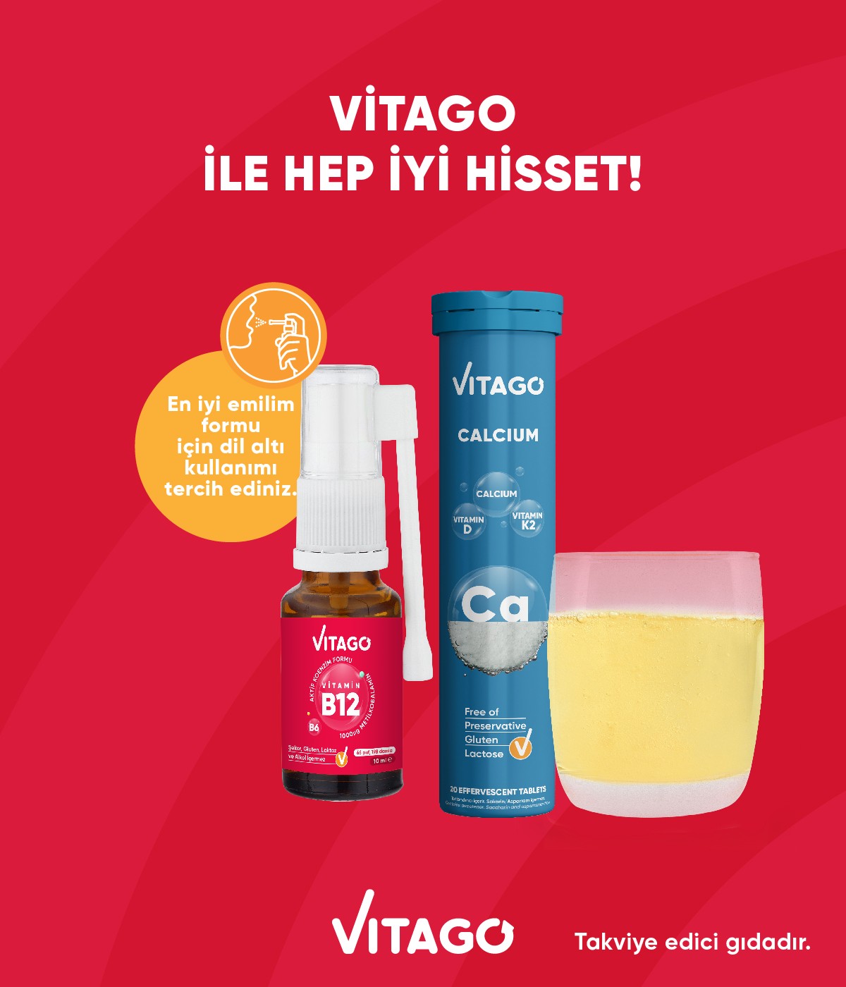 2’li Paket - Vitago B12 10 ml Sprey + Vitago ProKalsiyum 20 Efervesan Tablet